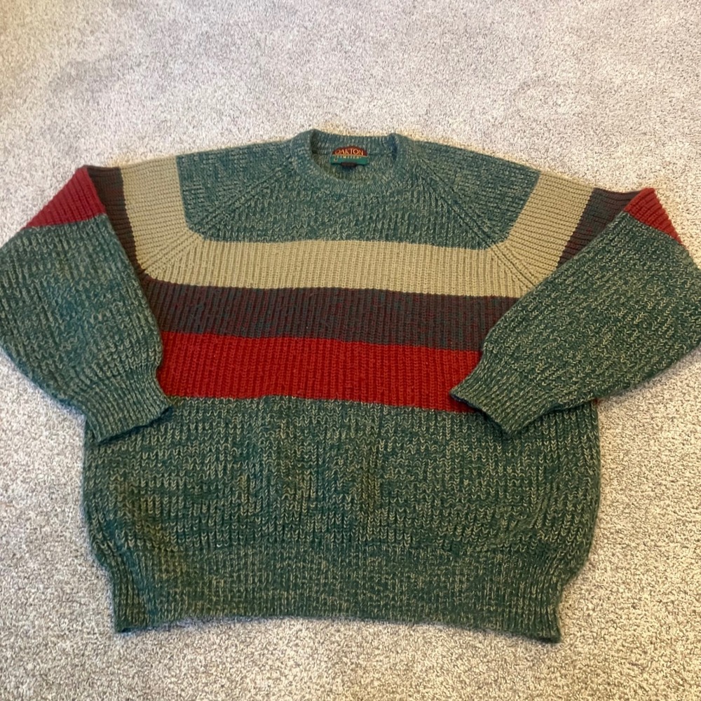 VTG Oakton Limited Mens L Striped Shaker Knit Sweater Green Red Eclectic Grandpa
